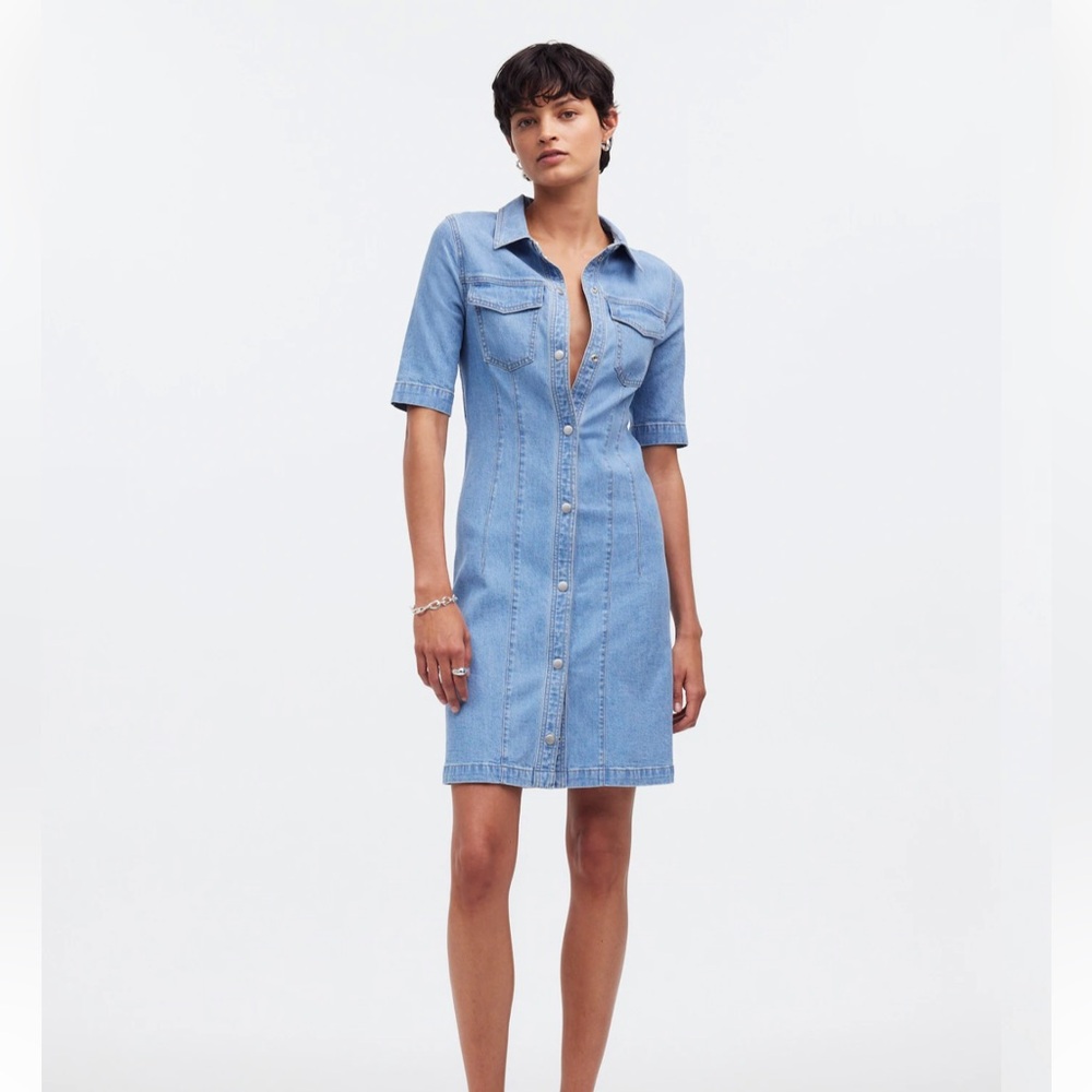 Madewell Light Blue Denim Mini Dress Denim Seamed Mini Shirtdress Palermo Wash